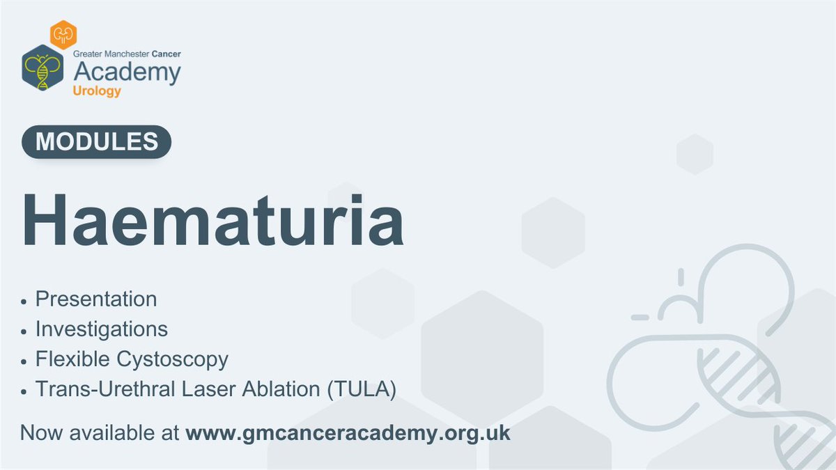 Are you involved in the treatment of patients with #UrologicalCancers?

Our Haematuria course consists of 3 online modules focusing on presentation, investigations, flexible cystoscopy and Trans-Urethral Laser Ablation (TULA).

For more info: bit.ly/3XbxNZk