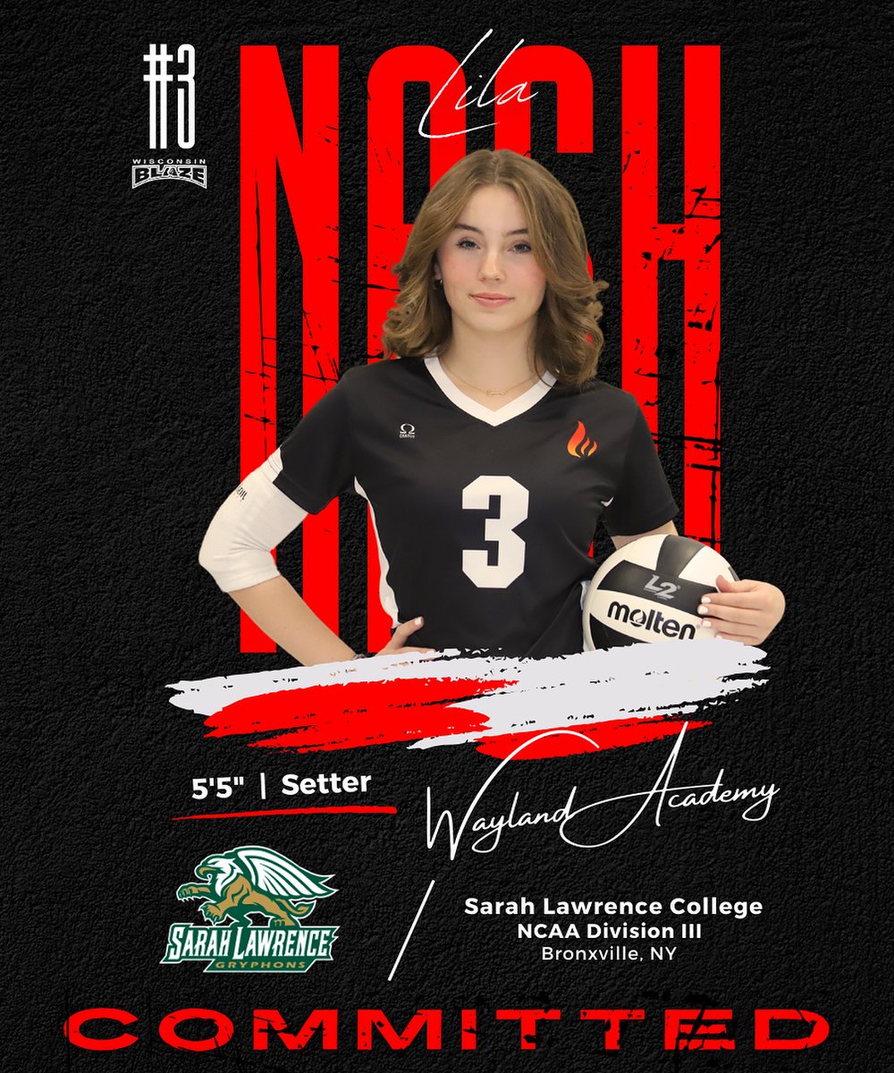 Congratulations to <a href="/lilanashVB/">Lila Nash</a> (Class of 2024 | <a href="/WABigRedSports/">Wayland Academy Athletics</a> | 5’5” | S) on committing to NCAA Division III <a href="/GryphonsWVolley/">Sarah Lawrence Women’s Volleyball</a>! We couldn’t be prouder of you, Lila, and are excited to see you compete at the next level!

#BlazeVolleyball🏐 #BeTheFlame🔥