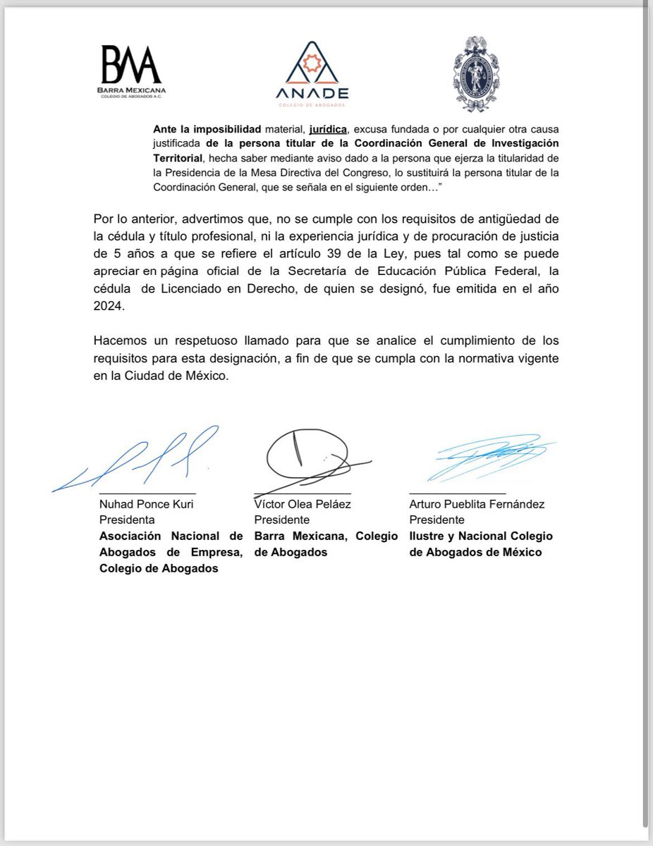 Nuestro Colegio de forma conjunta con la @ANADEcolegio y la @BMA_Abogados hemos analizado la información en torno a la persona que ejerce la titularidad de la @FiscaliaCDMX y consideramos que quien la ejerce no cumple con los requisitos legales para dirigirla.