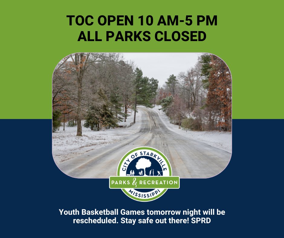 Update for Operations: 1/17 The TOC will have a delayed opening at 10 AM. All Parks will continue to be closed due to icy conditions. All League Games will be rescheduled for a later date. Updates will be provided as we have them.

Thank you,
SPRD