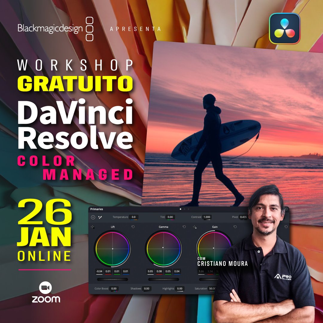 ProClass_RJ's tweet photo. Workshop Oficial, Online e Gratuito de DaVinci Resolve:
promovido pela Blackmagic Design.
COLOR MANAGED
Dia: 26 de Janeiro
19h às 21h (horário de Brasília)
Saiba mais e inscreva-se: https://t.co/5yDhxdvRKH
#workshoponline #workshopgratuito #davinciresolve https://t.co/mhmL1GWPZJ
