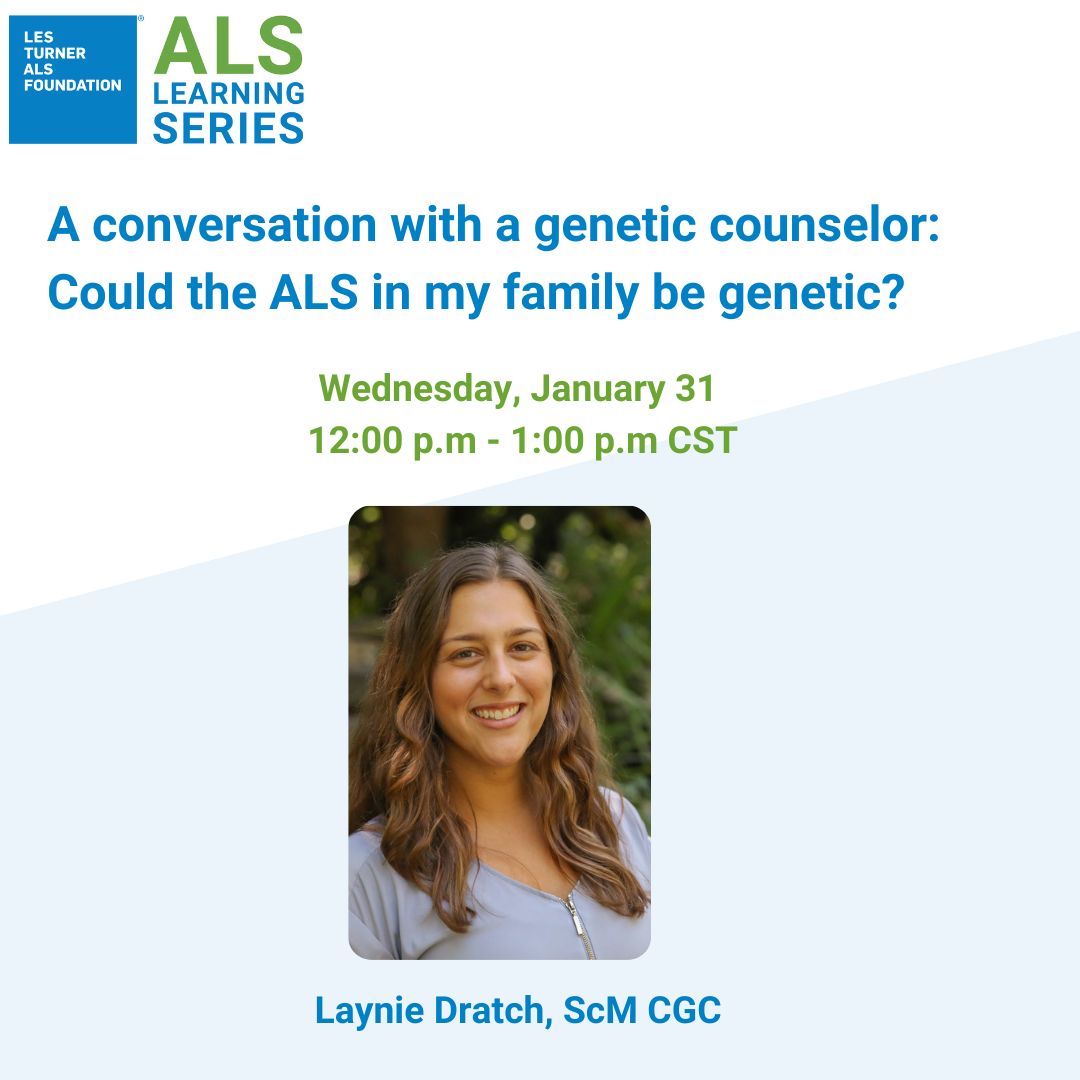 Les Turner ALS Foundation (@lesturnerals) on Twitter photo Have you ever considered genetic testing but aren't sure if it's right for you?
Join our January ALS Learning Series with Laynie Dratch, genetic counselor at <a href="/PennfTDCenter/">Penn FTD Center</a> . She will discuss the role of a genetic counselor, and address common questions buff.ly/3SlcMdS Have you ever considered genetic testing but aren't sure if it's right for you?
Join our January ALS Learning Series with Laynie Dratch, genetic counselor at <a href="/PennfTDCenter/">Penn FTD Center</a> . She will discuss the role of a genetic counselor, and address common questions buff.ly/3SlcMdS