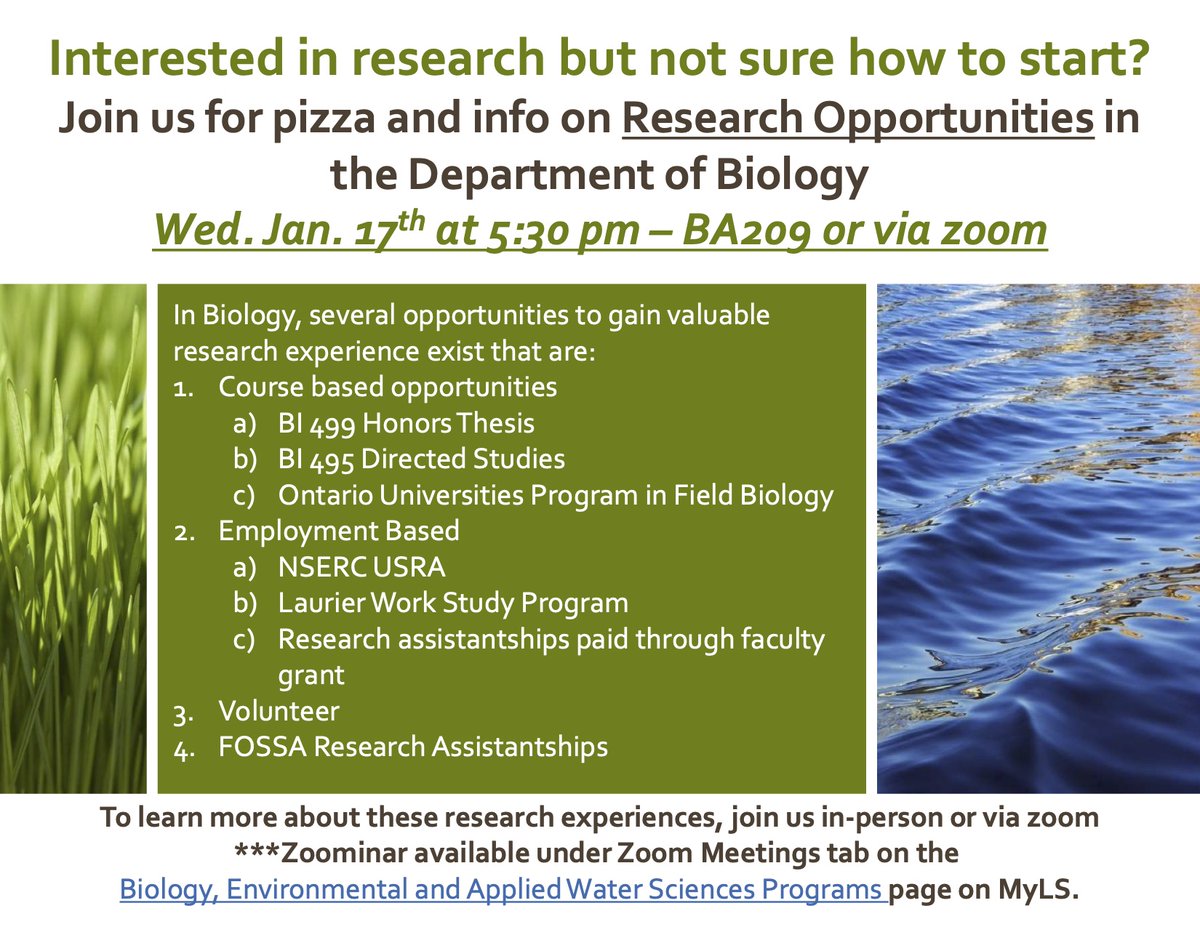 Laurier Biology ππ
ͺπ (@laurierbiology) on Twitter photo Attention LaurierBiology/<a href="/LaurierSci/">Laurier Science</a> students! Interested in research opportunities & (paid!) jobs in our department?
Come out to tomorrow's exciting info session! Attention LaurierBiology/<a href="/LaurierSci/">Laurier Science</a> students! Interested in research opportunities & (paid!) jobs in our department?
Come out to tomorrow's exciting info session!