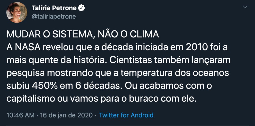 Quem tuitou essa pérola foi a deputada federal Talíria Petrone em 20/1/2020
Começo a pensar no lado bom da teoria dela:
-Não precisaríamos mais cozinhar o peixe.Já puxaríamos o peixe cozido no anzol. Se lançassemos uma rede com os temperos, viria uma paeja.