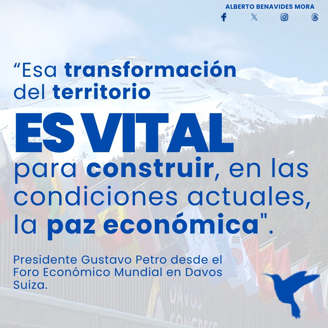 albertobemo's tweet photo. El Foro Económico Mundial, que se celebra en Davos Suiza, es un espacio creado con el fin de fomentar la cooperación mundial en asuntos políticos, sociales y económicos. 

A su versión 54, que tiene como lema 'Reconstruir la confianza', y del que participan más de cien presidentes, jefes de Gobierno y de Estado, líderes de organizaciones multilaterales, académicos y medios de comunicación, asiste nuestro país representado por el Presidente @petrogustavo por la Ministra de Ambiente @susanamuhamad, por el Ministro de Comercio, Industria y Turismo @GermanUmanaM, y por el Ministro de Minas y Energía @andrescamachom_. 🧵2/3