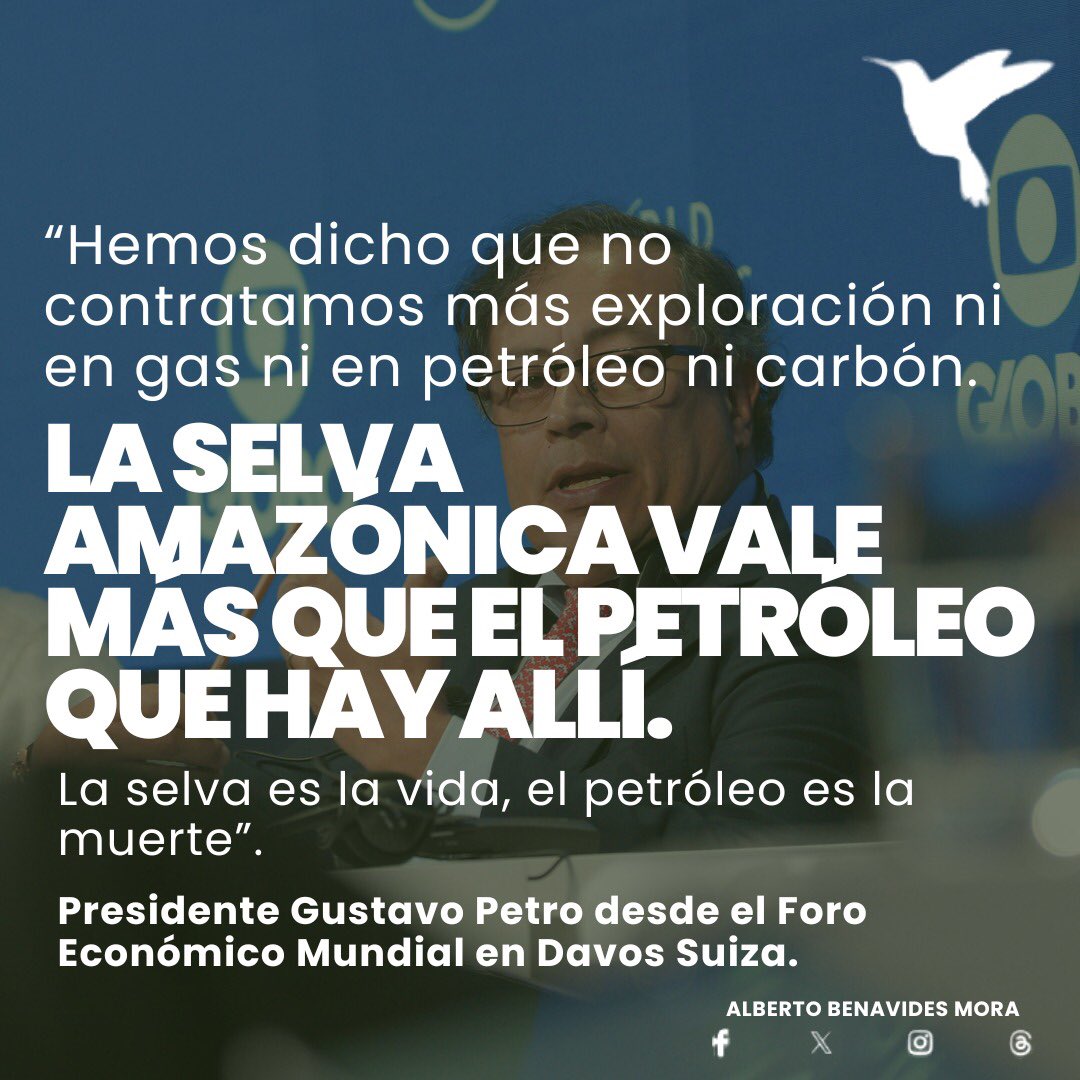 albertobemo's tweet photo. Hoy, en su primera participación, durante el conversatorio sobre "Buscar un equilibrio para el Amazonas", en el que compartió panel con el presidente del Banco Interamericano de Desarrollo (BID), @igoldfajn; el gobernador del brasileño estado de Pará, @helderbarbalho, y la coordinadora general de la organización indígena COICA Fany Kuiru @Kuiru5Amazonas, el Presidente @petrogustavo insistió en su propuesta de canjear deuda externa por acción climática y reafirmó la decisión de no contratar más exploración de gas, petróleo y carbón en nuestro país como muestra del compromiso de este Gobierno con el ambiente y con la salvaguarda de La selva Amazónica.

Nuestro trabajo legislativo, como lo demostramos al ser ponentes del #PlanNacionalDeDesarrollo “Colombia Potencia Mundial de la Vida”, será seguir dando aportes para enriquecer el debate ambiental y de acción para la protección de ecosistemas vitales para nuestro país y para la humanidad. 

#AlimentarLaVida

🧵3/3