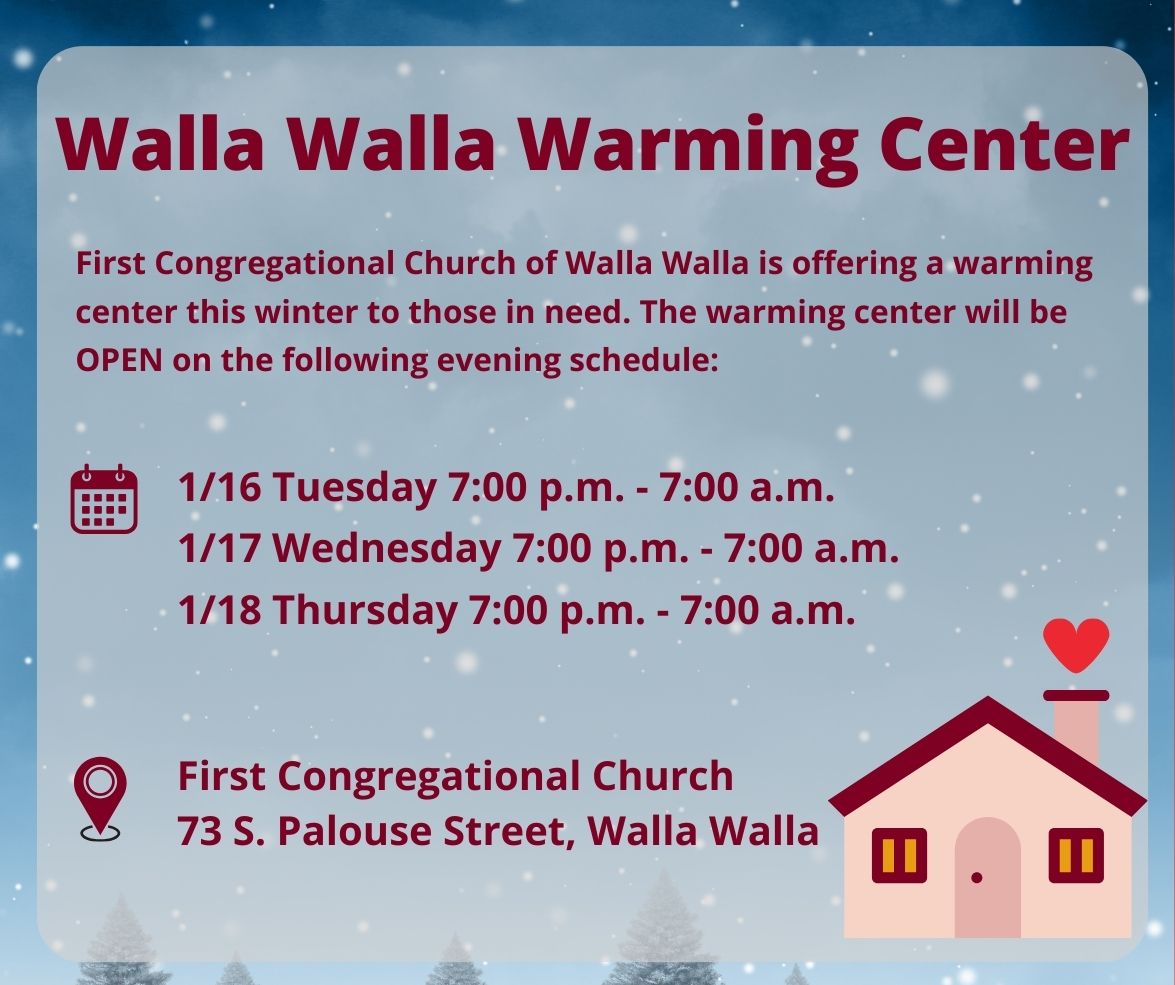 ❄️First Congregational Church of Walla Walla is offering a warming center this winter to those in need. The #WarmingCenter will be open on the following evening schedule. For more info, please visit dch.co.walla-walla.wa.us/news_detail_T2…
