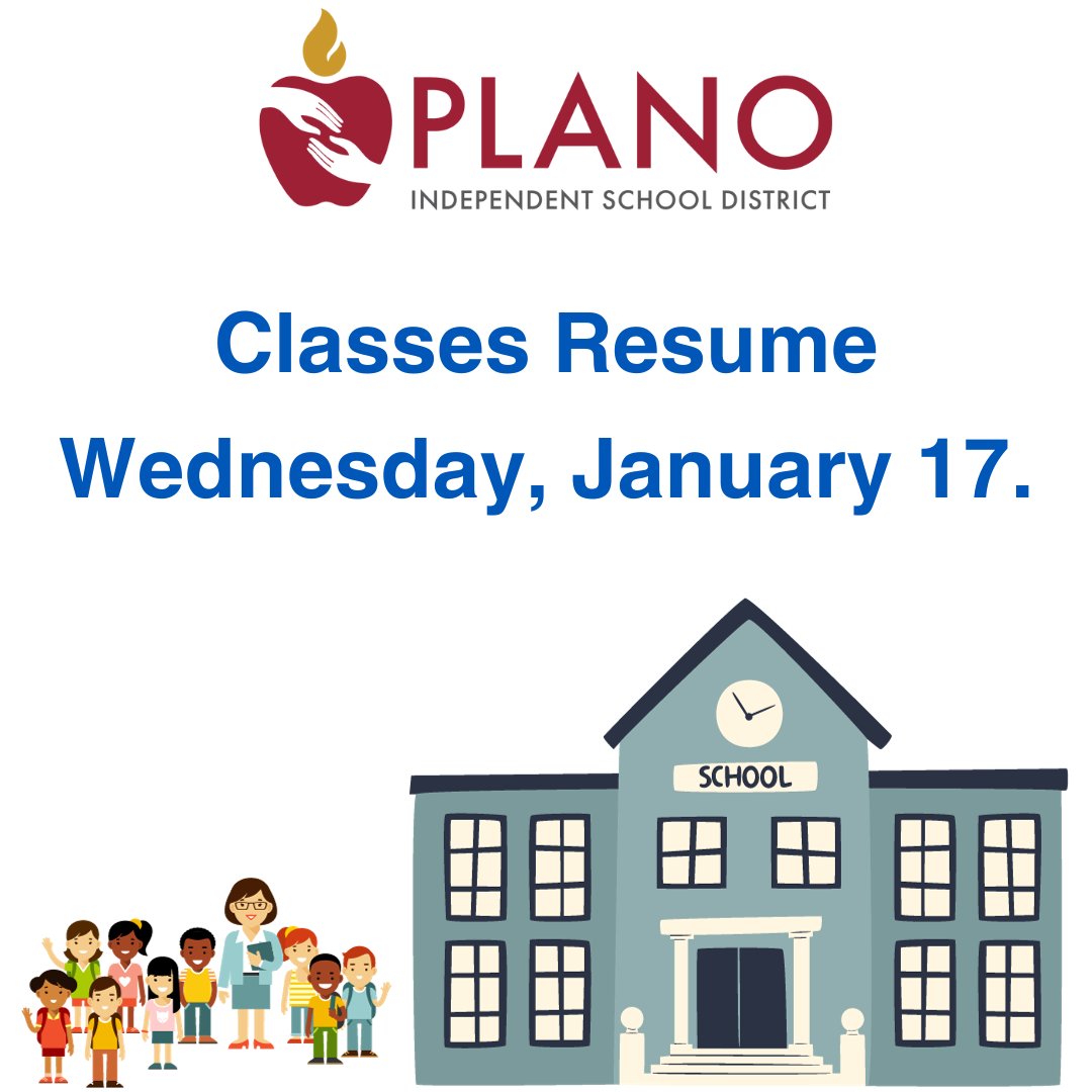 Plano_Schools's tweet image. After evaluating facility, weather and travel conditions, and with temps predicted to return to above freezing tomorrow, Plano ISD will resume classes on Wednesday, Jan. 17. School will be in session and all activities will resume unless otherwise announced.
#LevelUpPlanoISD