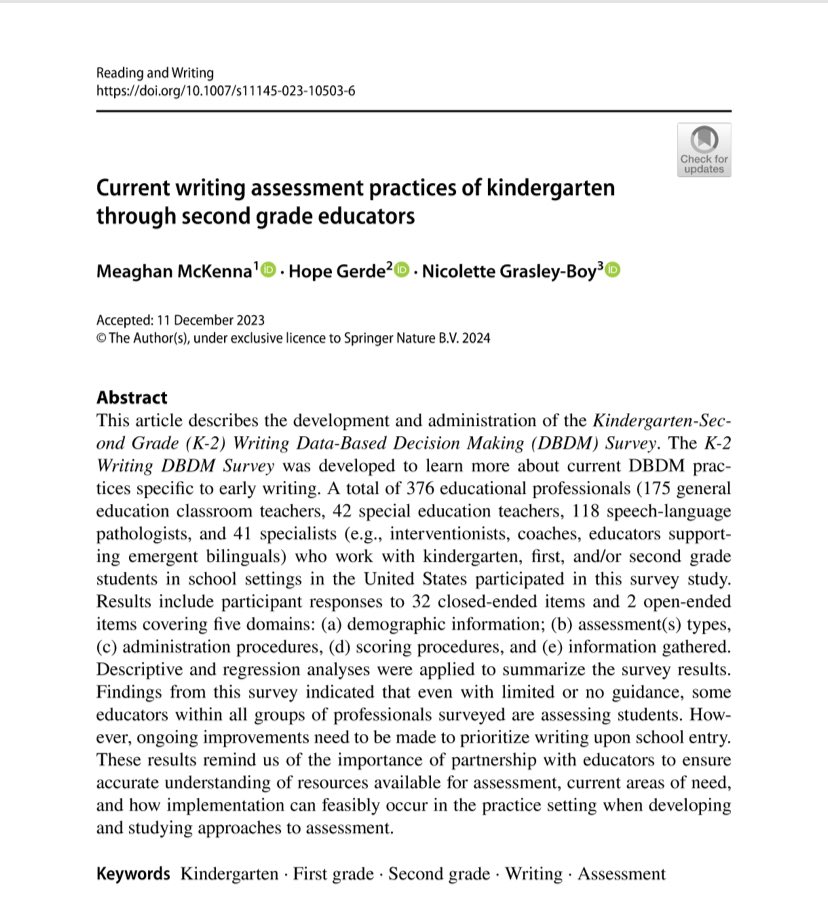 Meaghan McKenna (@meaghanamckenna) on Twitter photo New article: rdcu.be/dvV24 with <a href="/DrGerde/">Dr. Hope Gerde</a> and <a href="/nikki_g_b/">Nikki Grasley-Boy</a>! These survey results leave us with much to consider as we develop and study approaches to writing assessment in the earliest elementary grades. New article: rdcu.be/dvV24 with <a href="/DrGerde/">Dr. Hope Gerde</a> and <a href="/nikki_g_b/">Nikki Grasley-Boy</a>! These survey results leave us with much to consider as we develop and study approaches to writing assessment in the earliest elementary grades.