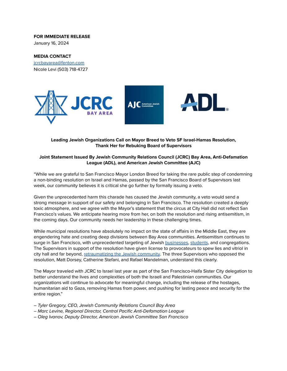 The Jewish community in San Francisco seeks safety and belonging. A veto from Mayor Breed would send a powerful message of support in these challenging times. 🏙️❤️ buff.ly/3O5XyqN @sfbos @SFMayorsOffice @sfgov @LondonBreed @SFJCRC @ADLCalifornia @AJCglobal #RejectHateSF…
