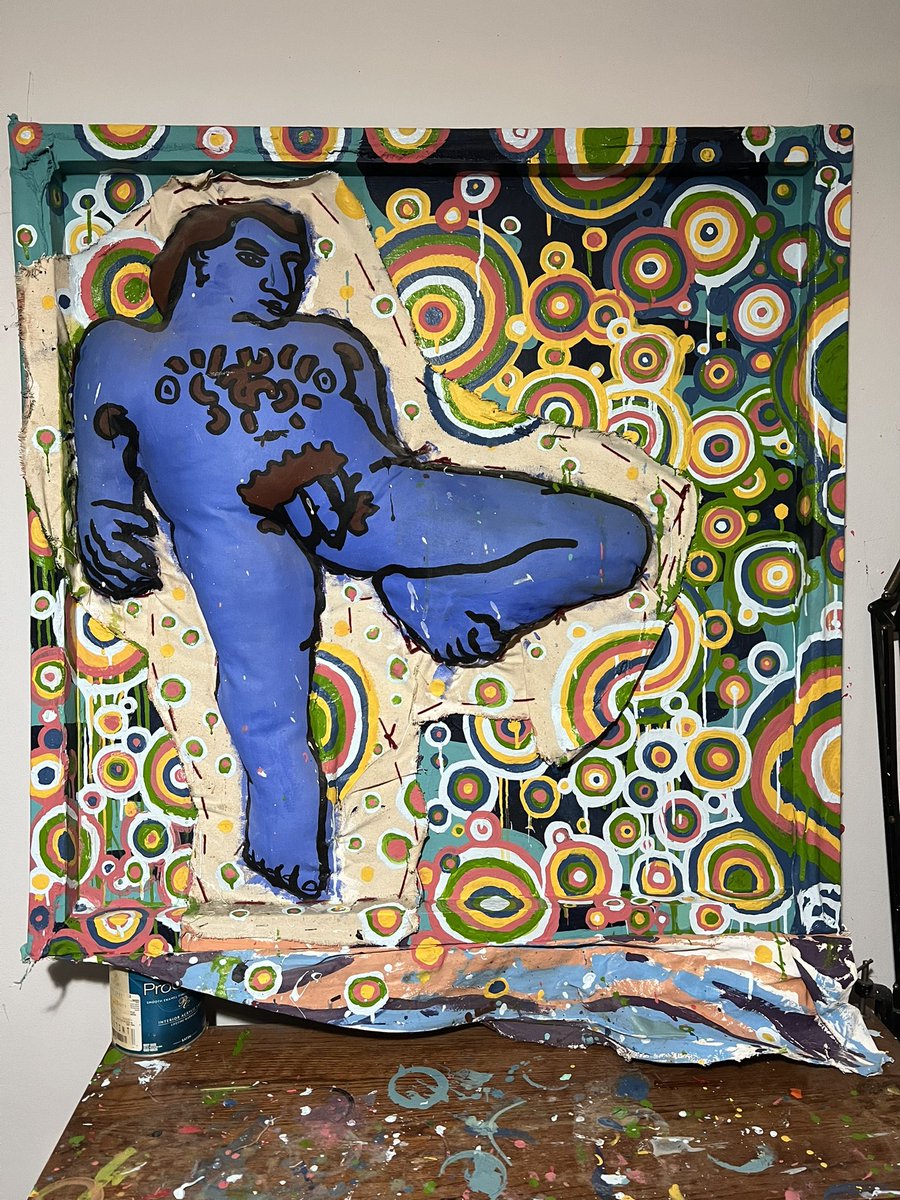 MortimerPye's tweet photo. I started this painting over 30 years ago. Finally decided it was time to finish it. (Still not done.) #mortimerpye #urbanmountainman #gayart https://t.co/EnE2gB6lZs