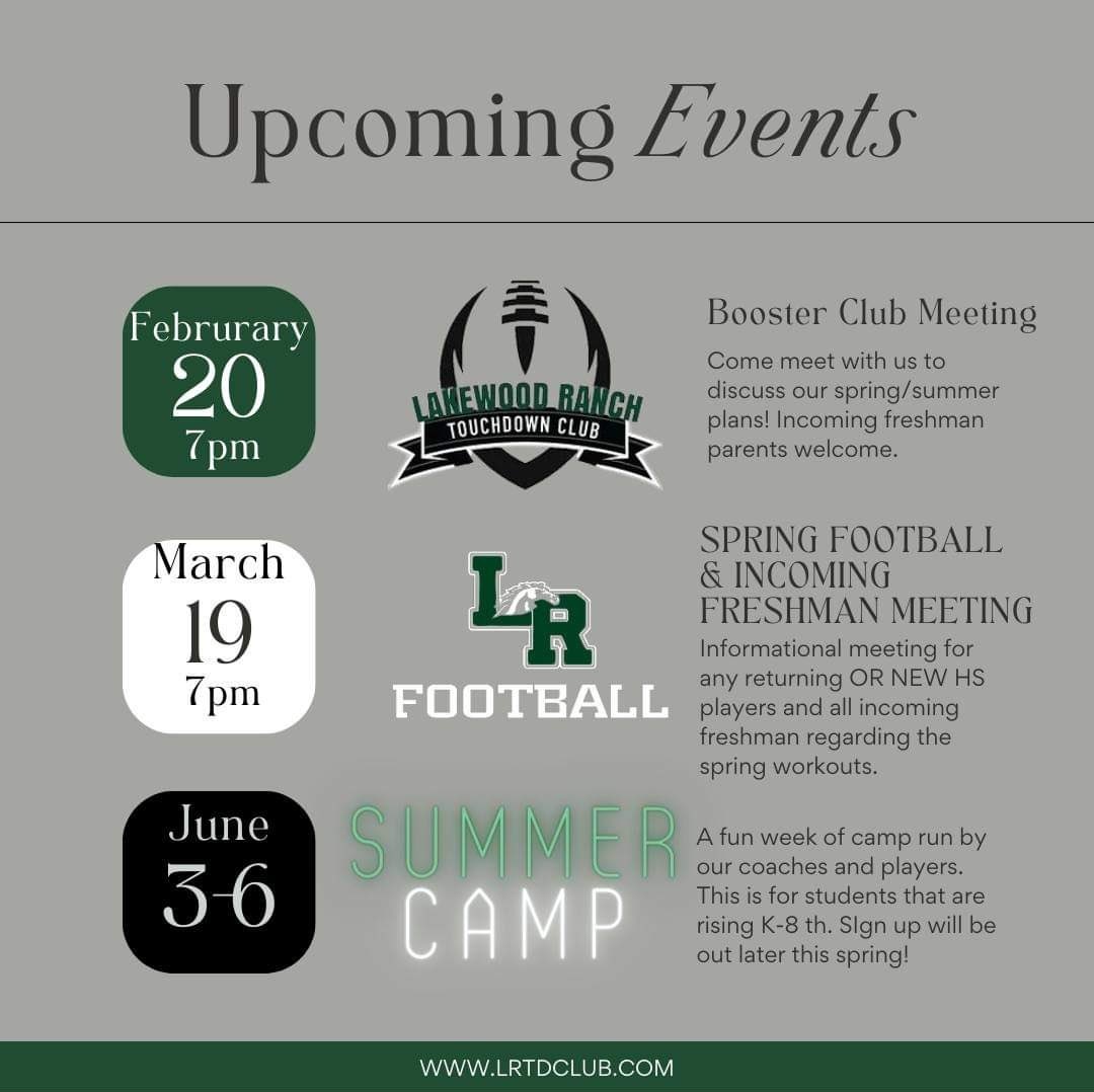 A few important dates coming up! 2/20 - Touchdown Club meeting in the football portable at 7pm 3/19 - Informational spring football meeting for all current and new HS players, as well as incoming freshman! Held in the media center at 7pm. 6/3-6/6 -Youth summer camp.