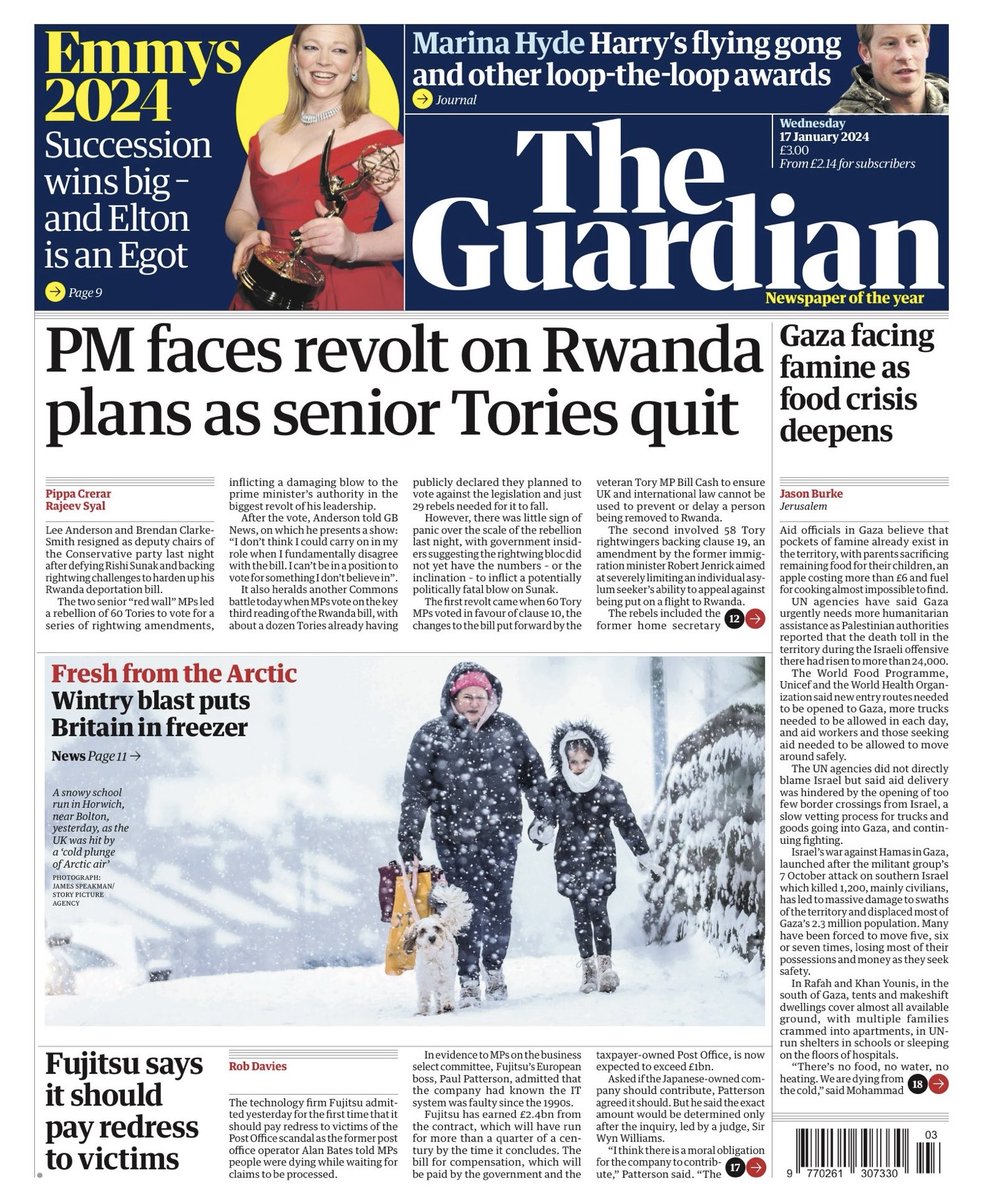 Wednesday’s ⁦@guardian⁩ front page: PM faces revolt on Rwanda plans as senior Tories quit theguardian.com/uk-news/2024/j…