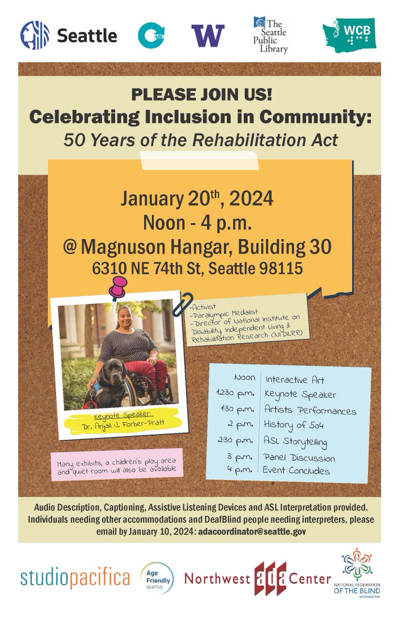 Join Us for an In-Person Event Celebrating Inclusion in Community: 50 Years of the Rehabilitation Act!
Sat. Jan. 20, 12 - 4 pm at the Magnuson Park Hangar, bldg. 30, 6310 NE 74th St., Seattle, WA 98115
Keynote by Dr. Anjali Forber-Pratt, paralympian, activist, Director of NIDILRR