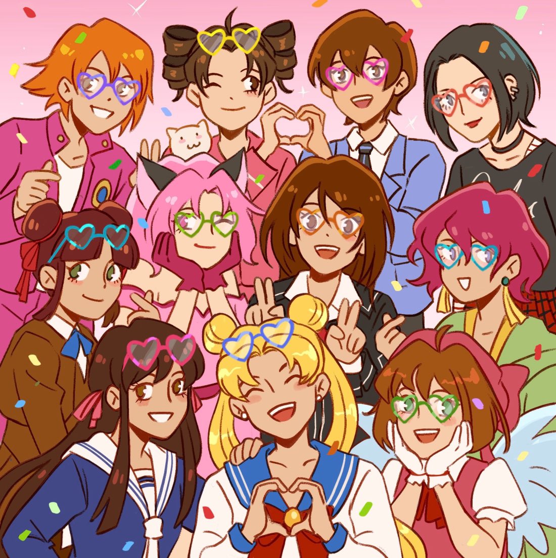 kinomoto sakura multiple girls heart 6+girls brown hair school uniform smile hands on own face  illustration images