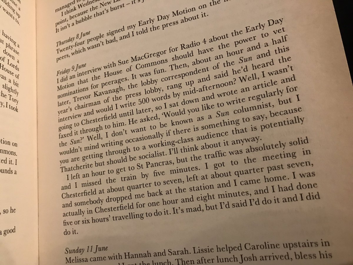 Tony Benn diary entry for 9 June 2000. Agrees to consider writing occasionally for the Sun because “you are getting through to a working-class audience that is potentially Thatcherite but should be socialist”. There’s a lot to be said for that approach. Same with GB News.