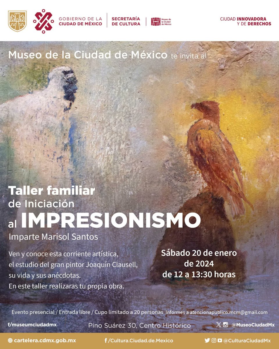 MuseoCiudadMX's tweet photo. #Taller #Impresionismo

🖌️Te invitamos al "Taller Familiar de Iniciación al Impresionismo". 

Ven y conoce está corriente artística, el estudio de Joaquín #Clausell, su vida y sus anécdotas. 

En este taller realizarás tu propia obra. 

20 de enero, 12 h. https://t.co/InME2pBqwu