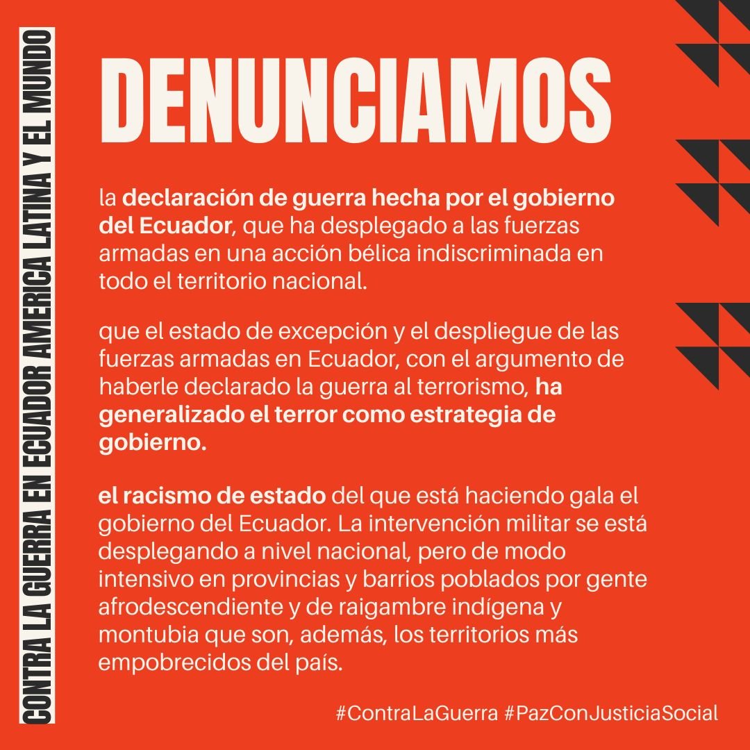 1495 personas y 80 organizaciones adherimos al MANIFIESTO CONTRA LA GUERRA EN #ECUADOR, AMÉRICA LATINA Y EL MUNDO
👉 chng.it/y2PFNYB9Zn

¡Firma, difunde, seamos más y más #ContraLaGuerra y por la #PazPorJusticiaSocial!