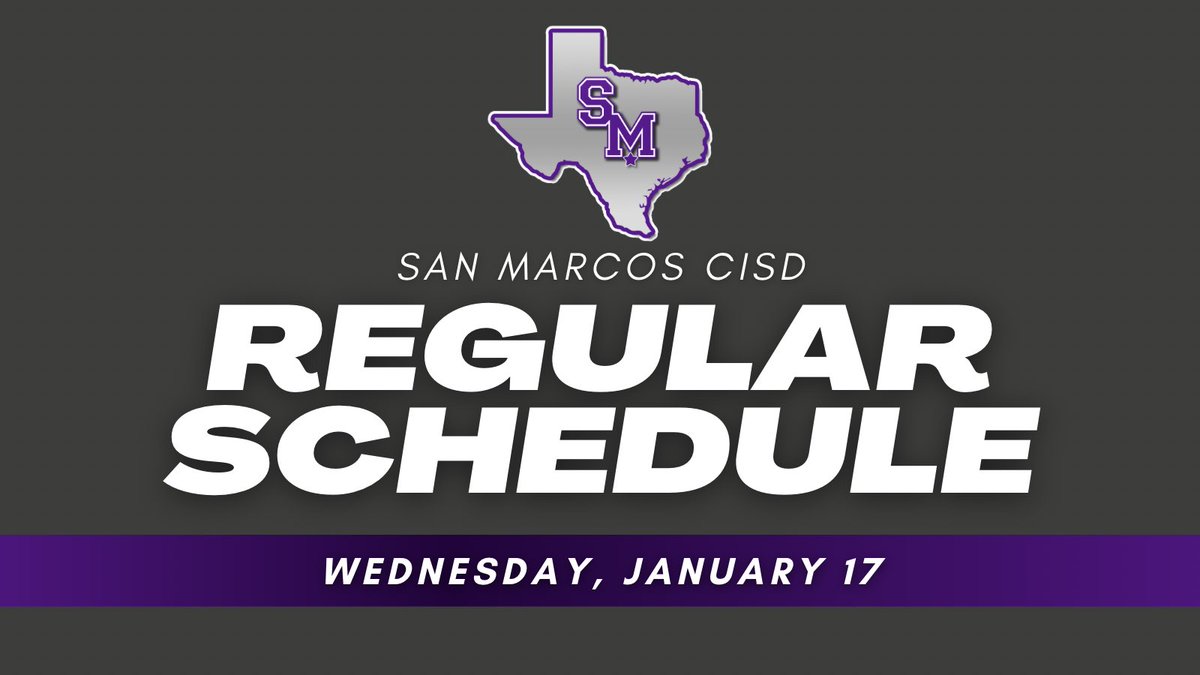 San Marcos CISD will operate as a regular schedule on Wednesday, Jan. 17. Please dress warm, we look forward to seeing all #Rattlers tomorrow! 

Campus start times are as follows:
Bonham &amp; Elementary Campuses – 7:35AM-3:15PM
Middle School – 8:35AM-4:10PM
SMHS – 8:40AM-4:20PM