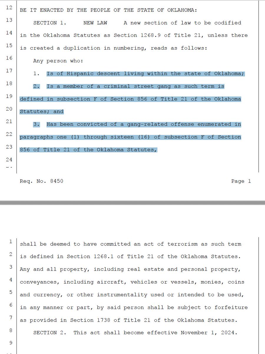 cliftonhowze's tweet image. Under newly introduced #Oklahoma HB3133 by Rep JJ Humphrey, any person who is a member of a street gang &amp;amp; convicted of a gang-related offense would be labeled as a terrorist — but only if that person is of Hispanic descent. webserver1.lsb.state.ok.us/cf_pdf/2023-24…