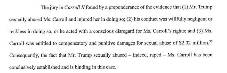 Judge Lewis Kaplan: “The fact that Mr. Trump sexually abused — indeed, raped — Ms. Carroll has been conclusively established” This quote should be on billboards and TV ads in every battleground state.