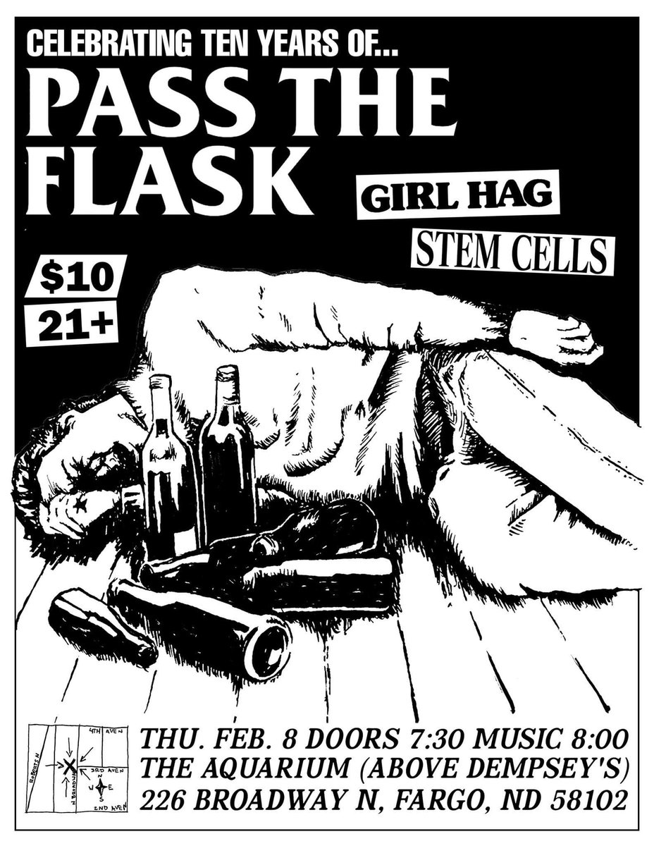 Come celebrate 10 years of Pass The Flask next month.
This band has done nothing but support me and my endeavors since I started doing this shit.
Also <a href="/StemBoyBand/">𝔰𝔱𝔢𝔪 𝔠𝔢𝔩𝔩𝔰</a> back in Fargo for the first time since 2019, this gig is gonna rock.