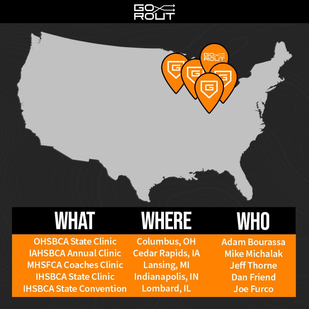 Go_Rout's tweet photo. It's that time of the year again!
For the next couple months we'll be traveling all around the country to give YOU the chance to experience the future of play calling technology 📲
This weekend will be big one in the midwest with our guys attending FIVE different clinics 💪 https://t.co/ztr9ijkVAk
