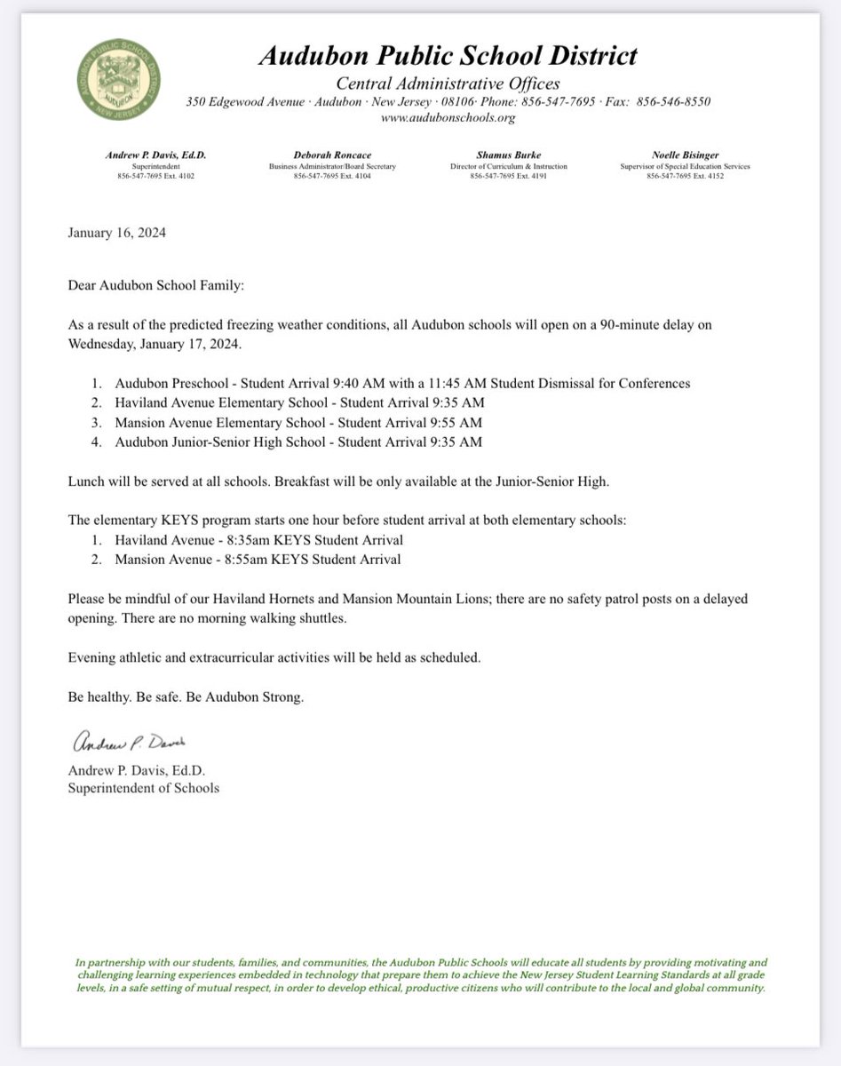 As a result of the predicted freezing weather conditions, all Audubon schools will open on a 90-minute delay on Wednesday, January 17, 2024.