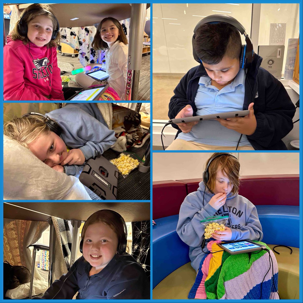 SheltonSchool's tweet image. Grades 3-5 are keepin’ it cozy in the library this week! We are kicking off Learning Ally’s “Great Reading Games” with our annual Read ‘n Feed! It’s a school wide challenge &amp;amp; we’ve already moved up from #93 to #21 in our bracket. 🎧📚🍿 #sheltondallas #sheltonreads #learningally