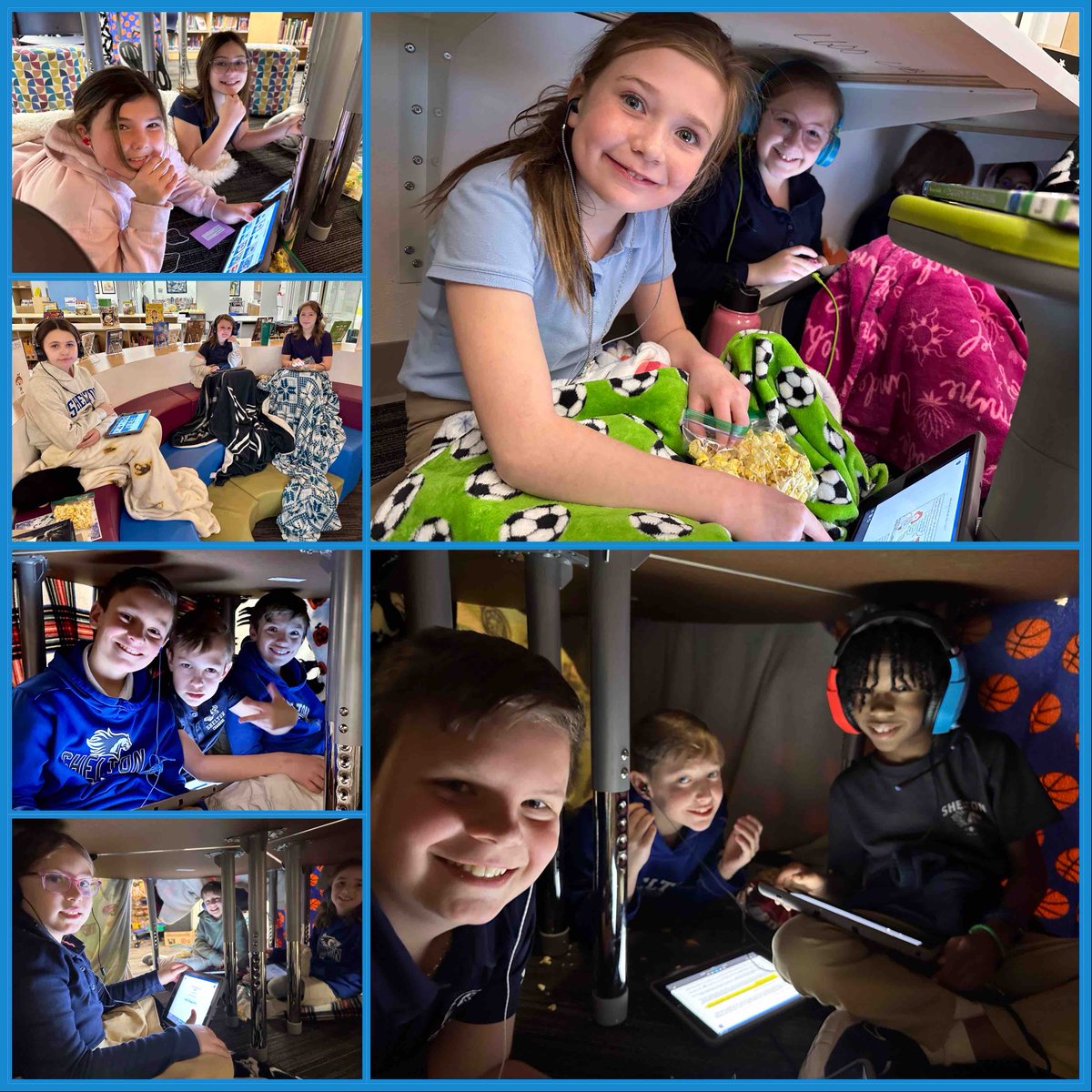 SheltonSchool's tweet image. Grades 3-5 are keepin’ it cozy in the library this week! We are kicking off Learning Ally’s “Great Reading Games” with our annual Read ‘n Feed! It’s a school wide challenge &amp;amp; we’ve already moved up from #93 to #21 in our bracket. 🎧📚🍿 #sheltondallas #sheltonreads #learningally