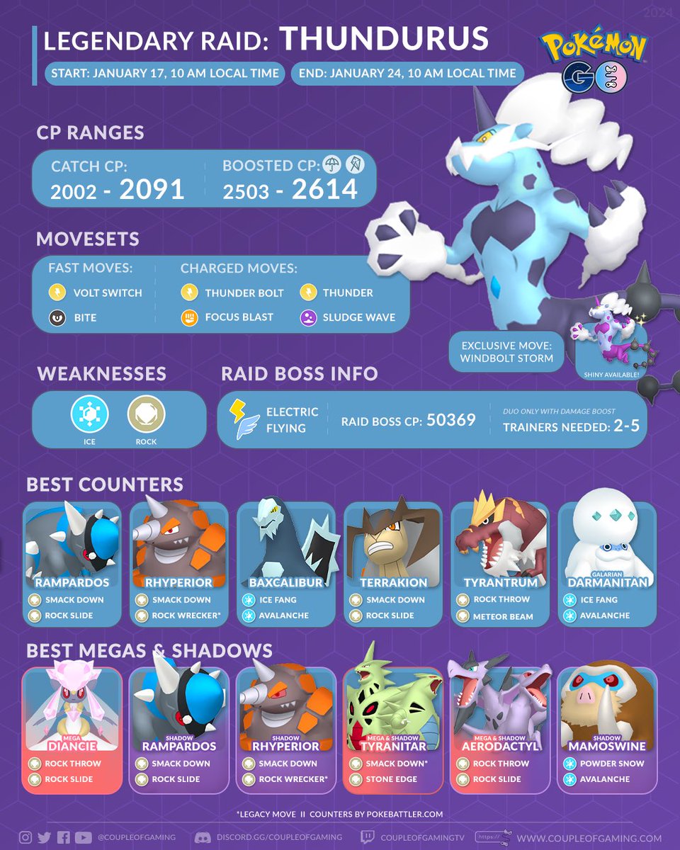 coupleofgaming's tweet photo. With the return of #TherianThundurus it will also be getting a #LegendaryRaidHour from 6-7 p.m. local time ⚡️
Will you try and go for #ShinyThundurus (if it’s turned on that is 👀)? ✨
#PokemonGO https://t.co/KEdEVl1K2W