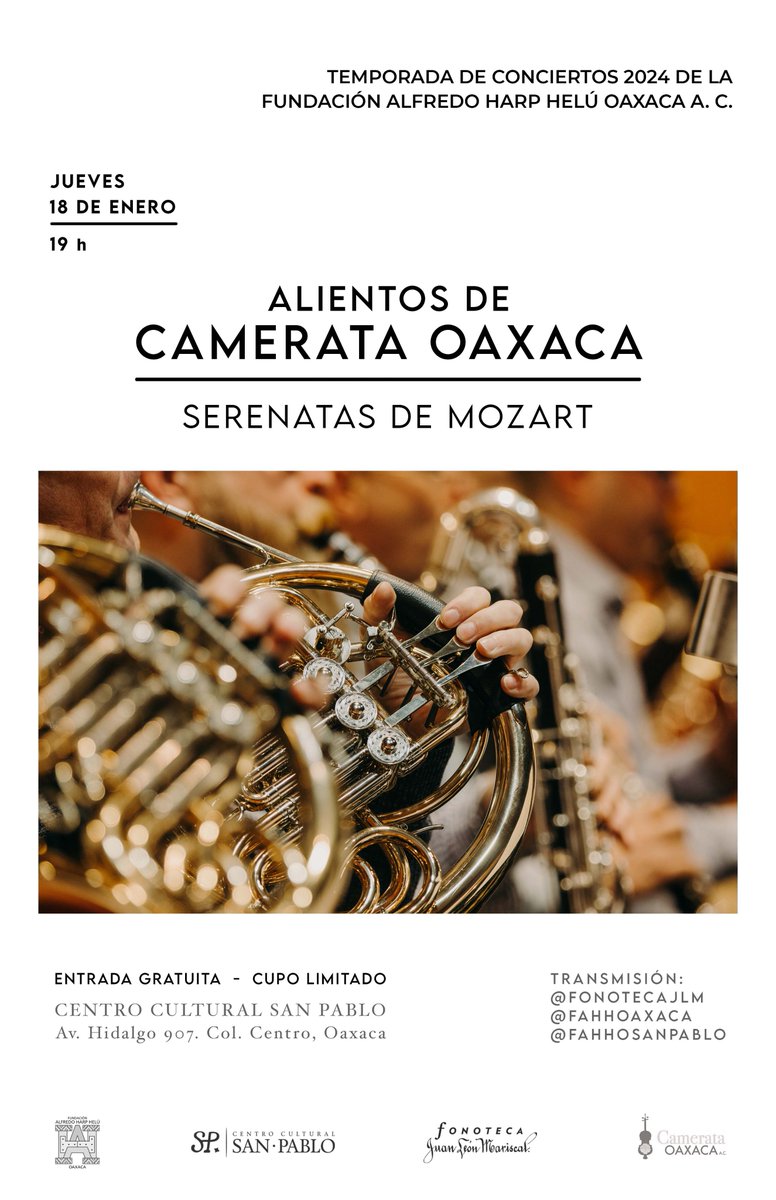 FonotecaJLM's tweet photo. ¡No te puedes perder nuestro próximo próximo concierto! Participa @CamerataO en el claustro del @fahho_sanpablo el próximo jueves 18 de enero a las 19 hrs.
@FundacionAHHO

ENTRADA LIBRE 
CUPO LIMITADO https://t.co/Z5Tk5Wwqhn