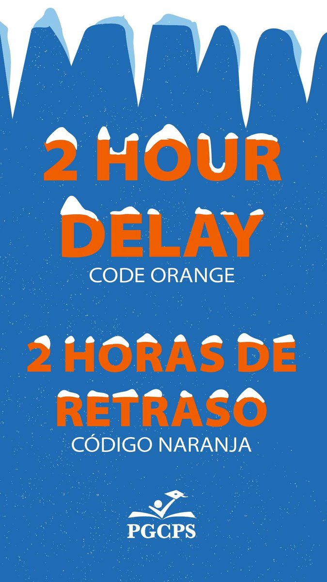 For Wednesday, January 17, schools and offices will open with a 2-hour delay.

Code Orange is in effect for all employees. EMERGENCY PERSONNEL must report to work on time.

All after school activities &amp; athletics cancelled.

For additional details, visit: pgcps.org/emergency-codes