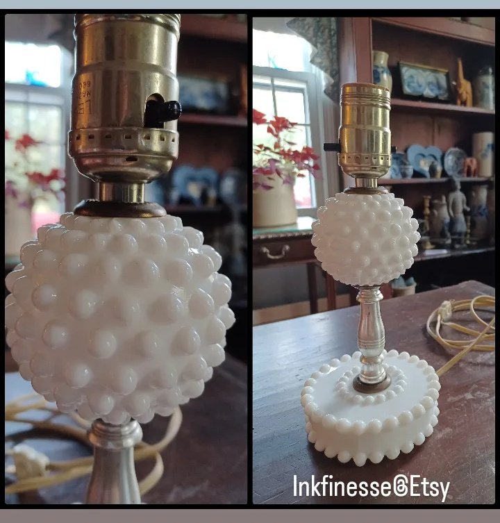 Find this #50s #hobnail #milkglass #lamp in my #Etsy@ inkfinesse.etsy.com w/ other #vintage #fashion, #unique #art & #nostalgia ❤️🙂 #50sdecor #decorations #interiordesign #slagglass #white #50slamp #bedroom #vintagedecor #hobnailglass