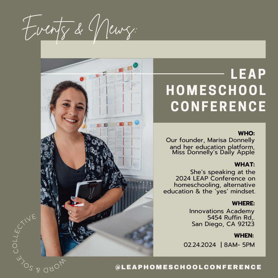 wordandsole's tweet photo. UPCOMING EVENT ALERT! ✨ Our founder, Marisa Donnelly, is speaking at the LEAP Homeschool Conference at the end of February! 

Her panel is called "The 'Yes' Mindset: Pursuing Passion &amp; Possibility In Homeschooling." Learn more &amp; register here → https://t.co/P4NykodKYd https://t.co/oIqb0RQmh6