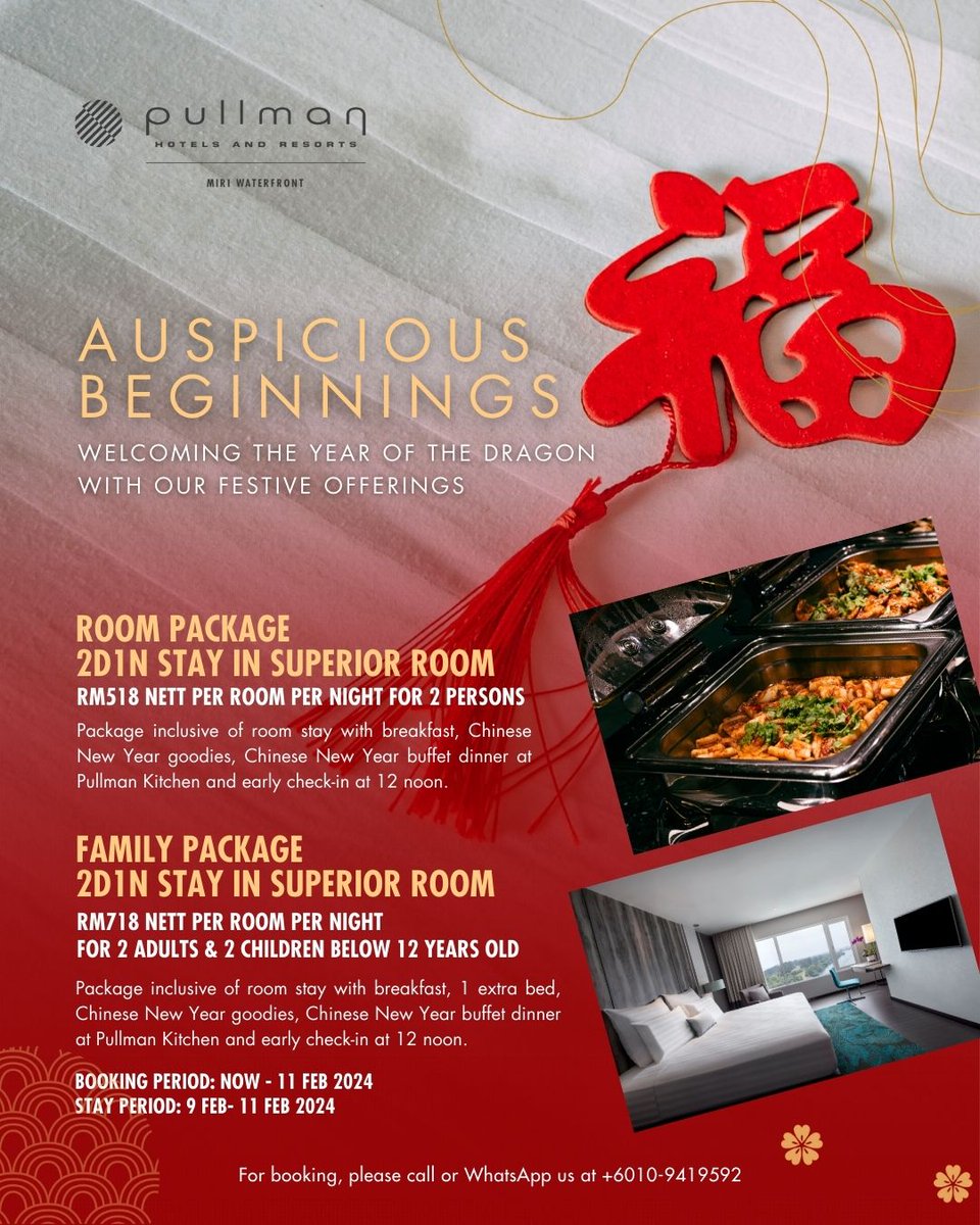 pullmanmiri's tweet photo. Make your Lunar New Year extra special this year with our Chinese New Year Room &amp; Family Packages!
Experience the comforts of home away from home, festive surprises, and quality family time. Book your retreat now! 🧳🥠 https://t.co/Lhe1Mt0Obw