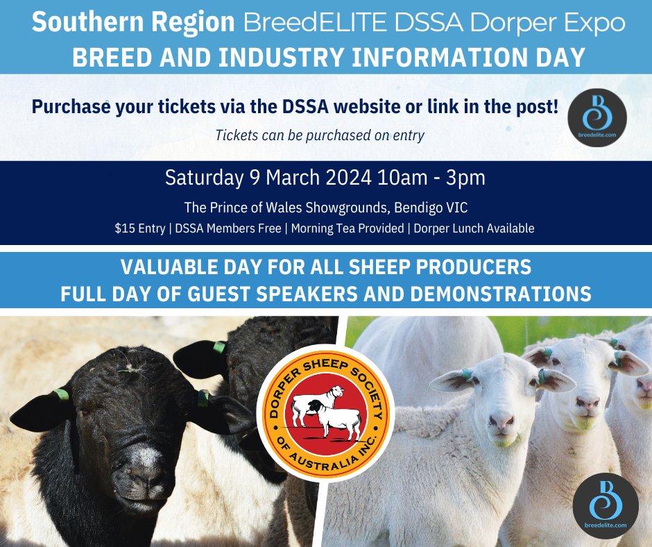‼️ TICKETS OUT NOW! ‼️

Purchase your tickets for the 2024 DSSA Southern Region Expo. Bring the family for a great day out at the Bendigo Showgrounds with live sheep on display!🐏

Ticket Link: events.humanitix.com/breedelite-dss…...

Tickets also available upon entry on the day.
