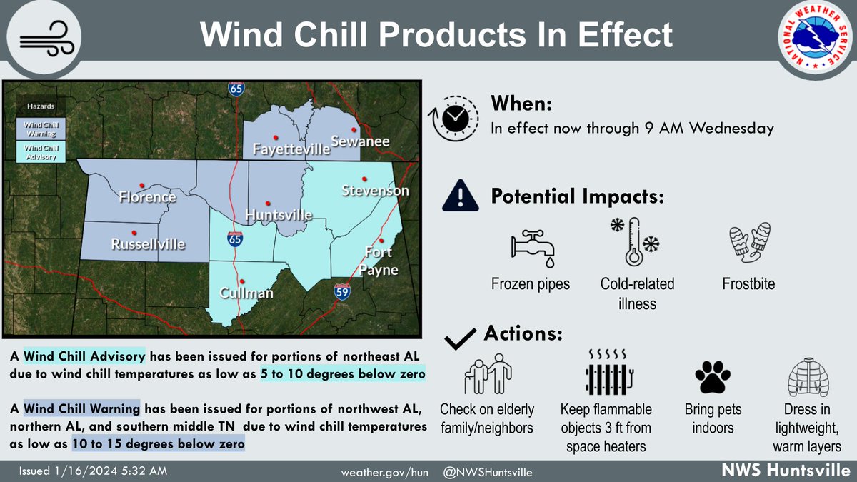 🚨A Wind Chill Warning &amp; Wind Chill Advisory is in effect until 9 AM Wed for wind chills as low as 5 to 15 below zero.  For more cold safety information, visit weather.gov/safety/cold  #HUNwx