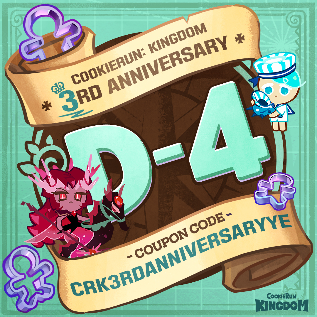 👑 CookieRun: Kingdom's 3rd Anniversary D-4 💓

🎫 CRK3RDANNIVERSARYYE (Magic Cookie Cutters x5)
📅 Valid until: February 29, 2024, 23:59 (KST)
🔔 game.devplay.com/coupon/ck/en

#CookieRun #CookieRunKingdom #CrimsonCoralCookie #PeppermintCookie