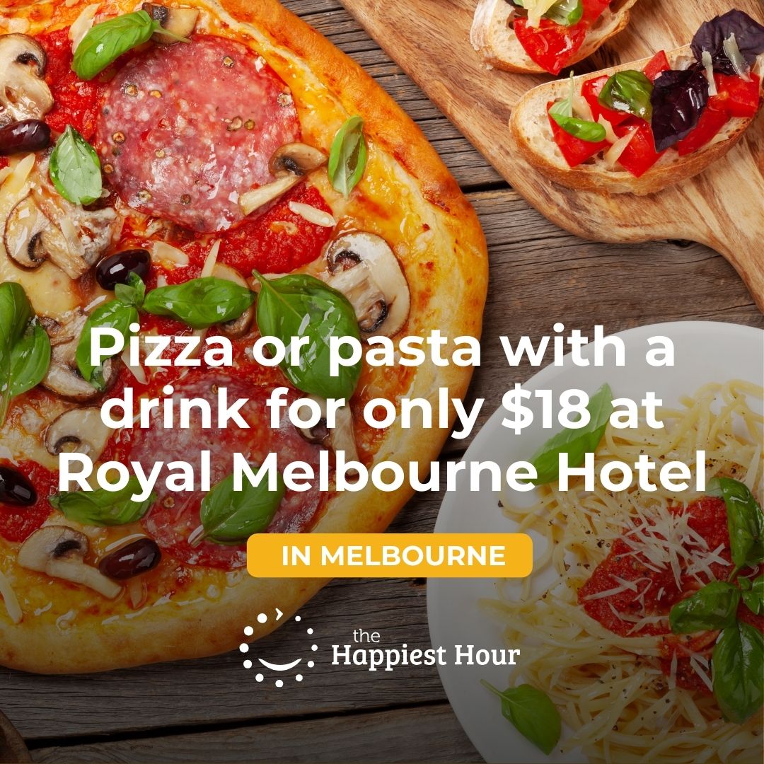😁🍕Need some help finding the perfect chow? Look no further as the Royal Hotel Melbourne has pizza or pasta with a drink for only $18! Available Monday - Wednesday from 12pm to 3pm. The Happiest Hour has you covered🍝😁

Check it out right here 🙂
thehappiesthour.com/venues/melbour…