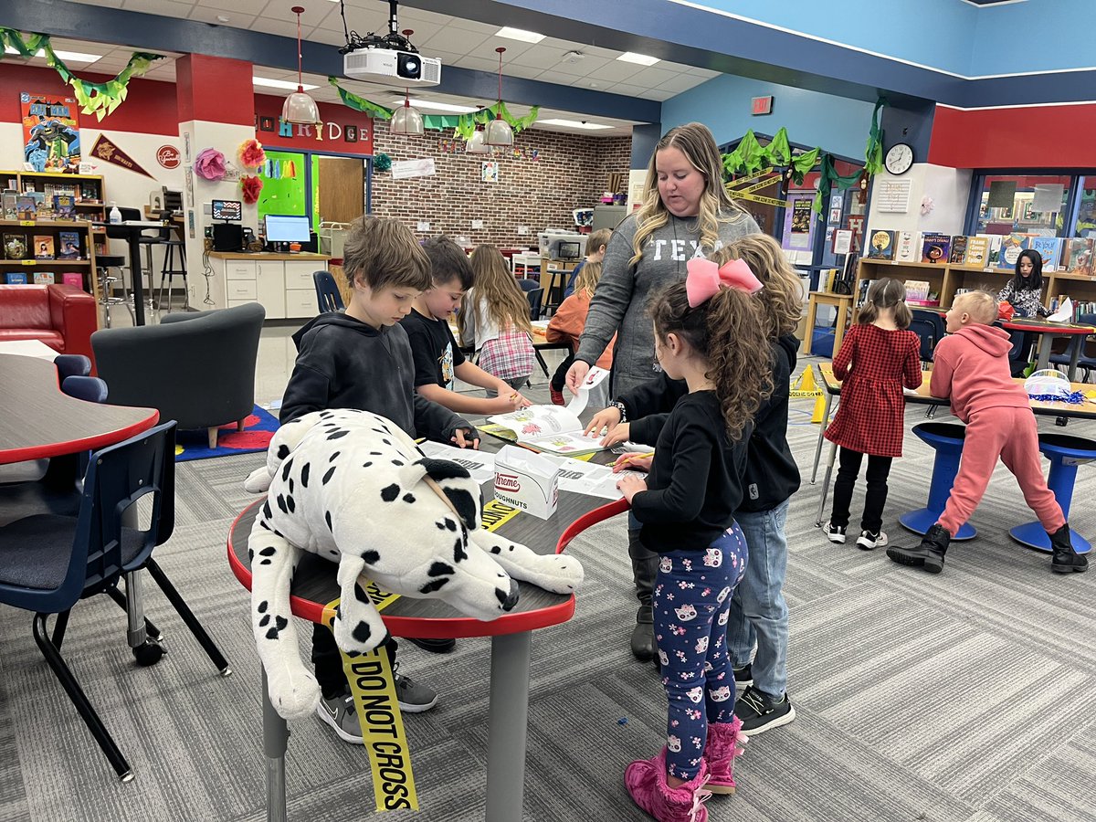 TheMrsPierce's tweet photo. Students investigating and solving the mystery of culprit of ruined books in library today. Lots of great discussions and critical thinking while reviewing book care. @EthridgeES @LewisvilleISD #bookcare #librarytransformation #elementarylibrary https://t.co/OVD3njkI69