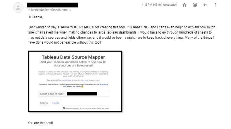 Every now and then I get emails from folks who find my #Tableau Data Source Mapper helpful and every time it genuinely has me brimming ear to ear! 😊