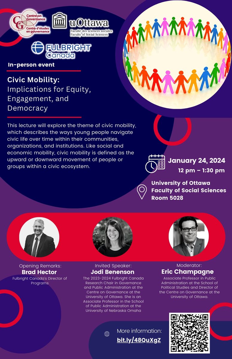 💡@ceg_cog and @FulbrightCanada invite you to join our first event of 2024 with @gojodi 'Civic Mobility: Implications for Equity, Engagement, and Democracy' 📅 Jan 24 | ⏰ 12pm - 1:30pm | 📍FSS 5028 uottawa.ca/research-innov…