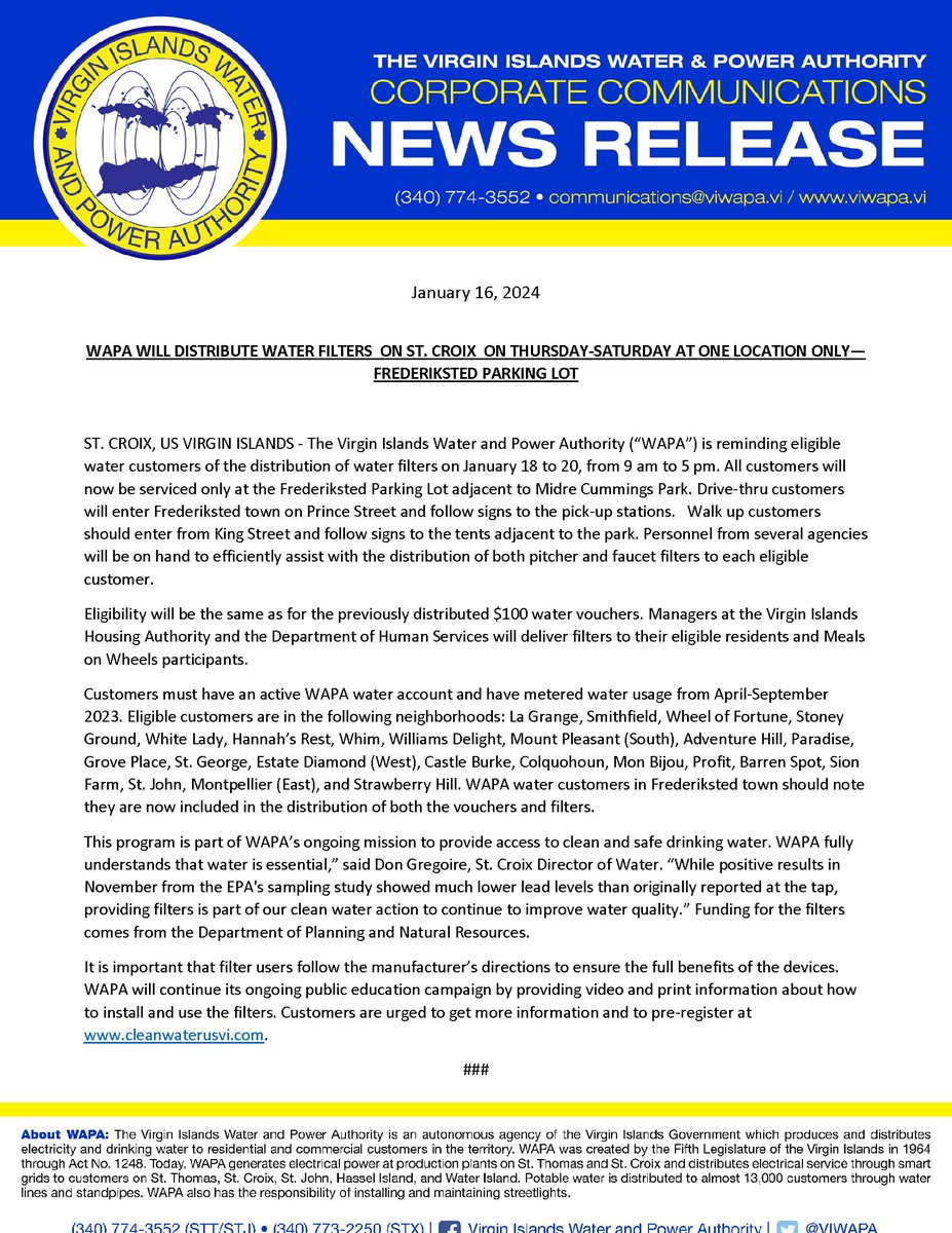 VIWAPA's tweet photo. IMPORTANT UPDATE: WAPA WILL DISTRIBUTE WATER FILTERS ON ST. CROIX ON THURSDAY-SATURDAY AT ONE LOCATION ONLY—FREDERIKSTED PARKING LOT 

Read and/or download PDF: https://t.co/bS8jCUxvEl 

#CleanWaterAction #WAPA #VIWAPA https://t.co/RTiYy3trFh