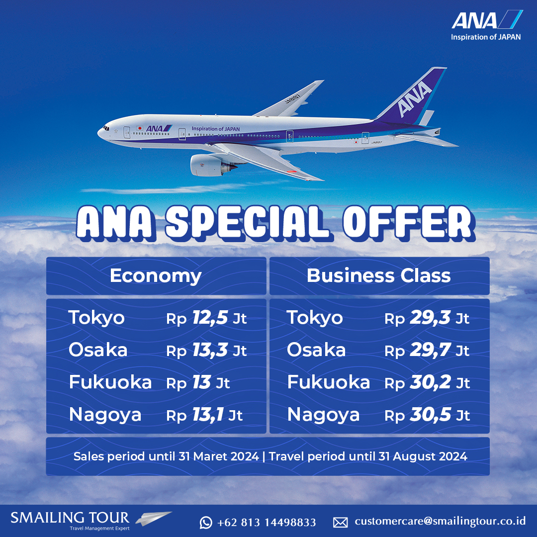 smailingtour's tweet photo. Ada promo spesial dari ANA untuk Anda. Nikmati harga spesial untuk penerbangan ke Jepang dengan kelas ekonomi hingga bisnis. Pesan tiketnya sekarang untuk pemesanan hingga 31 Maret 2024.

More info
WA +62 813-1449-8833
Email : customercare@smailingtour.co.id https://t.co/6Y5juidWa6