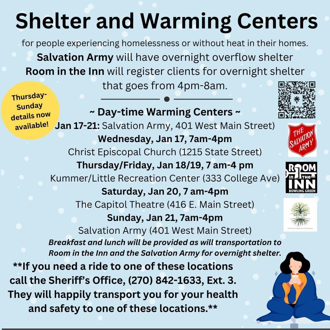 Availability for Shelter, Warming Centers extended thru Sun, Jan. 21, again thanks to partners. <a href="/HOTELINCBG/">HOTEL INC</a> 
<a href="/SalvationArmyBG/">Others</a> 
@roomintheinnbg