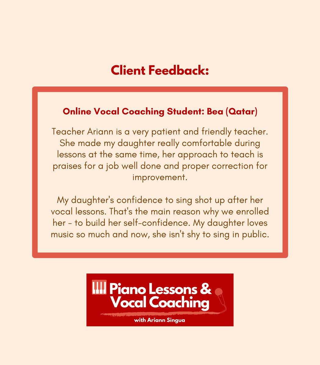 Another client feed back!😄 I do online vocal coaching for students overseas!🎙️

Kindly send me a message for more inquiries. You may also message my partner school – Studio B Vocal Coaching on Facebook and ask specifically for me as your voice coach!😄

#VoiceLessons #VoiceCoach