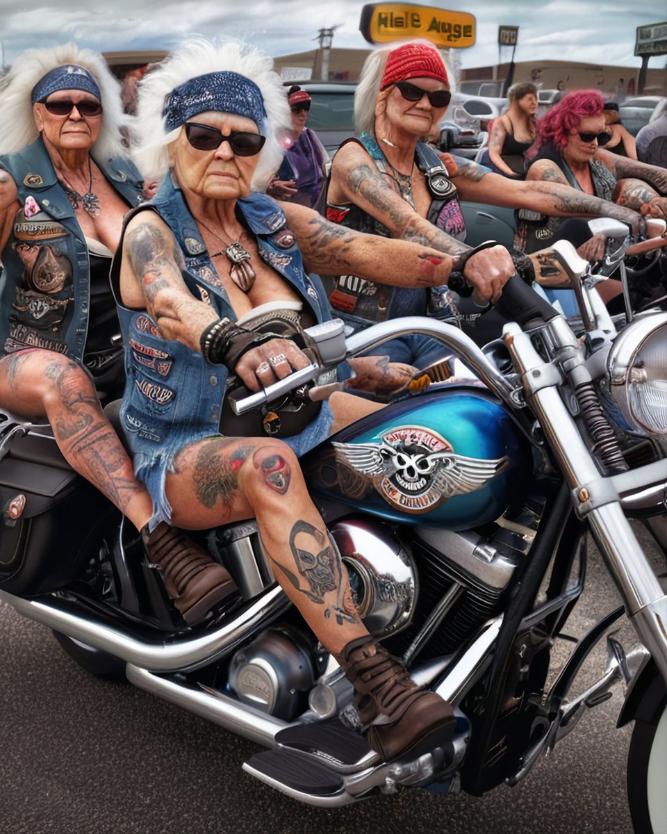 Mikeymidgley's tweet photo. Hell's Grannies @get_starryai @VAVortex #starryai #ai #aiart #aiartworks #aiartdaily #generativeart #digitalart #fantasyart #aiartcommunity #fantasyartwork #MotorcycleBabe #motorcycle #motorcycles #biker #bikerlife #bikersofinstagram https://t.co/adAdzQpYG3