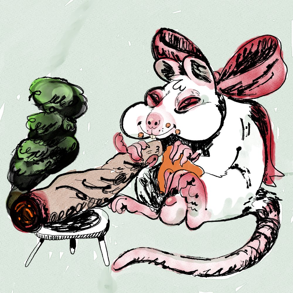 grubsludge's tweet photo. no, you dont understand: i HAD to draw a rat smoking a blunt so large compared to his body that he needs to use one of those doll tables that come with delivery pizza to hold it up. honking on that bobo like an alpine horn. eating a dorito like a pizza slice. you wouldnt get it. https://t.co/bdDpegxl13
