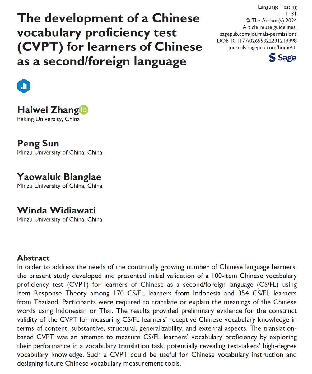 Now available in Online First, Haiwei Zhang (@PKU1898) and colleagues present a translation-based Chinese vocabulary proficiency test for learners of Chinese as a second/foreign language and discuss their initial validation evidence. journals.sagepub.com/doi/10.1177/02…